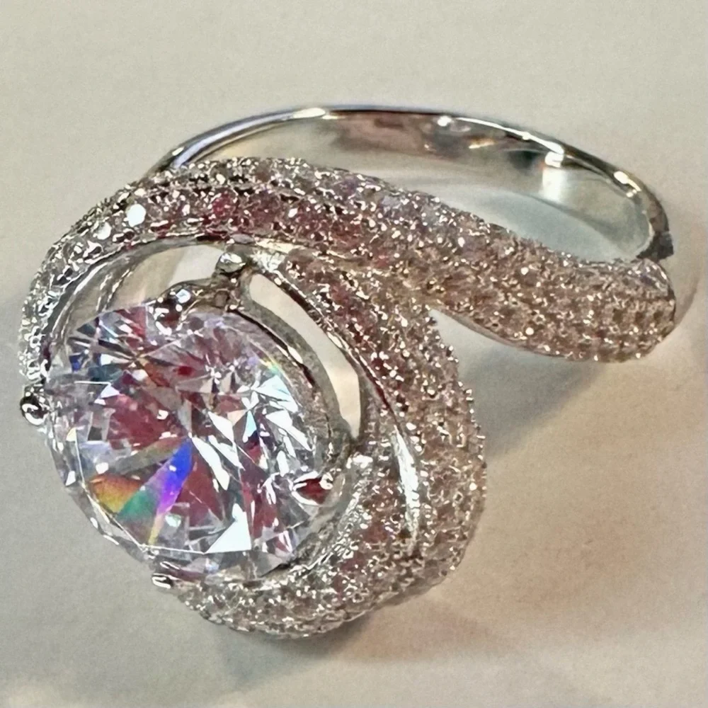 NEW White Cubic Zirconia Rhodium-Plated 925 Sterling Silver Spiral Wrap Ring